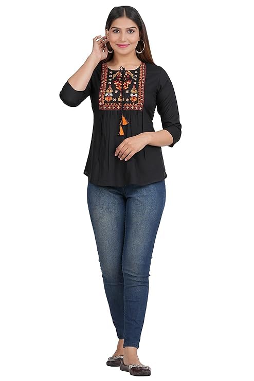 Image of Avayayat Short Kurti for Women | Embroidered Straight Rayon Kurta | Round Neck Full Sleeves Short Kurti for Women's