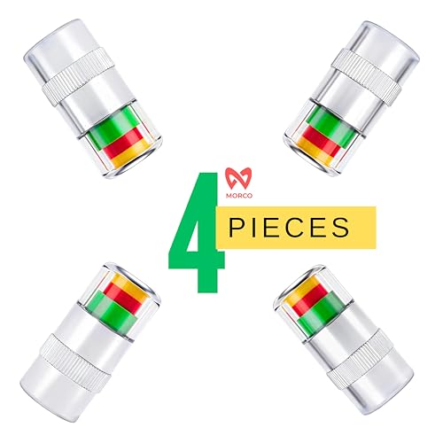 Image of Morco Air Pressure Alert Valve Caps for Tyres (Set of 4) | Anti-Rust Brass Core | Color Coded Visual Indicator (28-36 PSI Range) | Low Pressure Warning Sensor for Car SUV & Bike | Universal Fit