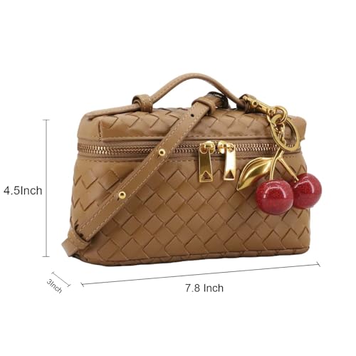Image of Small Woven Box Crossbody Bags for Women Designer Leather Mini Top Handle Clutch Purse Square Vanity Bag with Cherry Charm