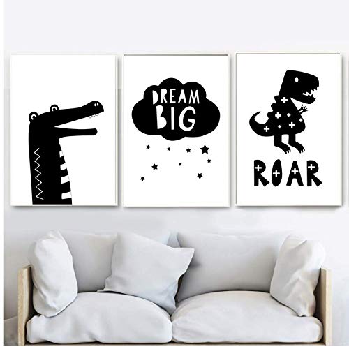 Affiche crocodile noir et blanc et dinosaure pour décorer une chambre d'enfant