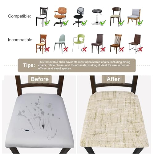 Image of SearchI Seat Covers for Dining Room Chairs Stretch Printed Chair Seat Covers Set of 6, Removable Washable Upholstered Chair Seat Protector Cushion Slipcovers for Kitchen(Beige Linen-Look Print)