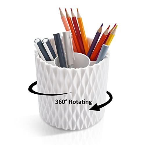 Pen Holder for Desk, 5 Slots 360 Degree Rotating Pencil Holder Makeup Brush Holder, Multifunctional Pen Organizer for Home, Office, Kids and School (White)