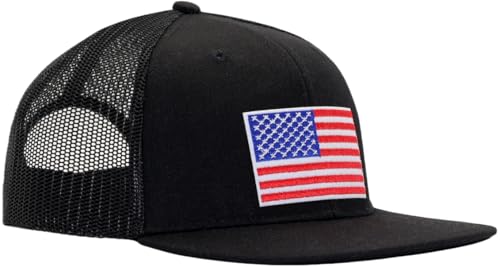 Image of Men Flat Bill USA Flag Mesh Hat Fits OSFM&XXL Head | Snapback Trucker Cap | 250th US Anniversary Veterans Memorial Day Gifts