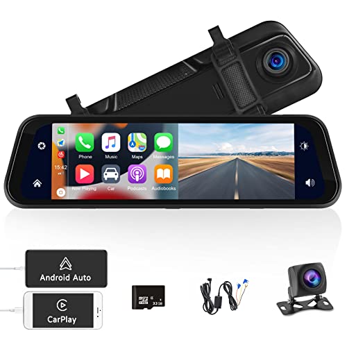 OiLiehu Dashcam Voiture Rétroviseur Écran Tactile de 9,66 Pouces AHD avec sans Fil Carplay et Android Auto , Autoradio avec Assistant Vocal/Transmetteur FM/DVR/Bluetooth/Caméra de recul AHD/Carte SD Cover