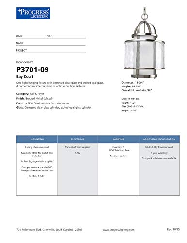 Progress Lighting 1-Light Foyer Pendant, Bay Court Collection, Indoor, P3701-09, Brushed Nickel - Image 11