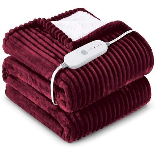 HYLEORY Heated Blanket Electric Full Size Soft Flannel Sherpa Heater 5 Heat Settings and 10 Hours Auto Shut-Off Heating Blanket ETL Certification Over-Heat Protection Machine Washable Red