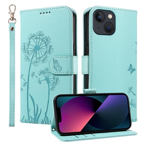 Image of Trugox Wallet Case for Apple iPhone 14 Phone Case Leather Dandelion with Credit Card Holder Purse Kickstand Folio Book Folding Flip Case Cover Women Shockproof - Green