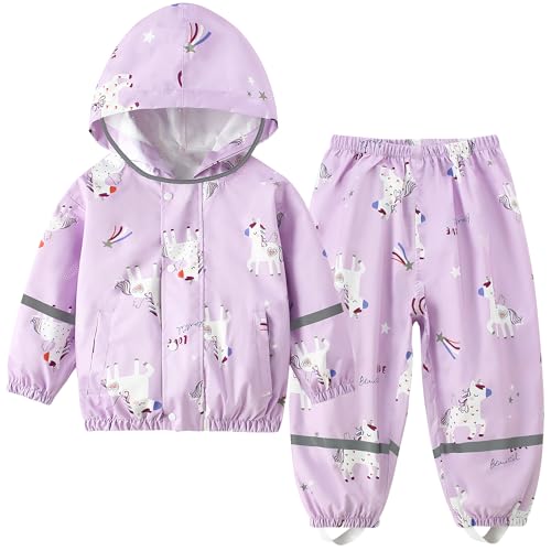 Fewlby Regenanzug Kinder Zweiteiliger Matschanzug - Regenjacke und Regenhose Mädchen Regen-Anzug 2PCS Set, Matschhose Regenmäntel Wind- und wasserdichte Regenbekleidung, 1-2 Jahre
