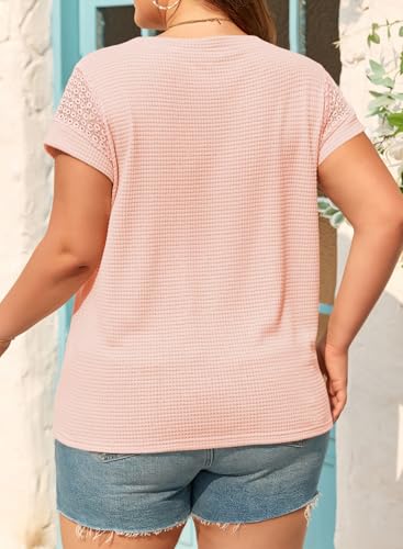 Image of Eytino Plus Size Tops for Women Waffle Knit T-Shirts Round Neck Short Sleeve Casual Loose Basic Tee Blouses(1X-5X)
