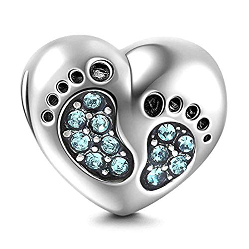 Footprint Heart Charm with October Birthstone for Pandora Mother Day Bracelets - 925 Sterling Silver Mom Love Daughter Pink Feet Beads3