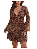 SHENHE Women's Plus Size Bell Sleeve Boho Paisley Dress V Neck Ruffle Hem Flowy Western Dress Coffee Brown Large Plus