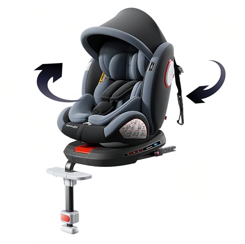 Aveainelle Silla de Auto Giratoria De 360° con Reposacabezas Ajustable, Asiento de Bebé Ajustable Multifunción, Funda de Tela Extraíble para El Asiento, Capota y Reposapiés (Grey High Version)