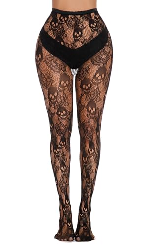 Simply Joshimo Womens Black Fishnet Patterned Halloween Gothic Tights - Skulls Print