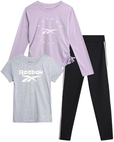 Reebok Girls' Active Leggings Set - 3-Piece Performance T-Shirt and Yoga Pants Leggings (4-12), Black/Purple/Grey, 5