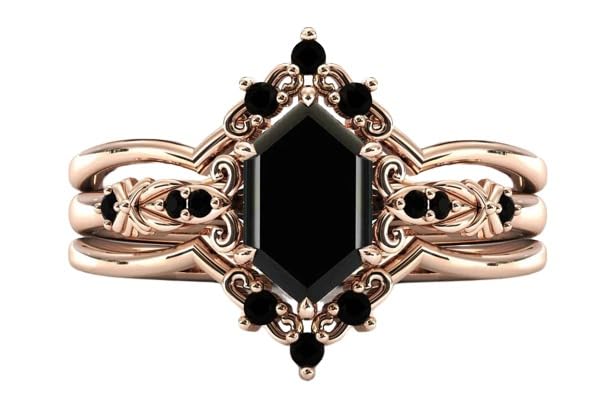 Vintage 1.5 CT Dutch marquise Shaped Black Onyx Engagement Ring Set 14k Gold Black Onyx 3 pcs Wedding Ring Set For Women Art Deco Bridal Anniversary Ring Set Promise Ring Perfact for Gifts