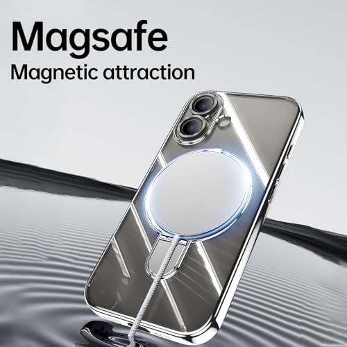 Image of Magnetic Case for iPhone 16 Plus Case Stand & Ring Holder Compatible with MagSafe Built-in Camera Lens Protector Shockproof Phone Case for iPhone 16 Plus 6.7 inch - Silver