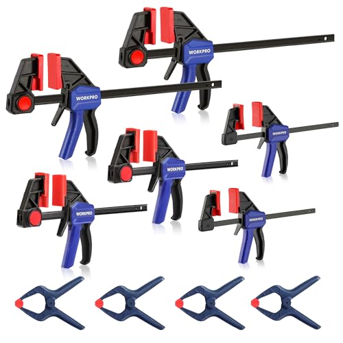 WORKPRO 10-Pack Bar Clamps for Woodworking, 6-Inch (2) Mini & (2) Light Duty and 12-Inch (2) Wood Clamps & 1-Inch (4) Spring Clamps, F Clamp with 50/150 LBS Load Limited
