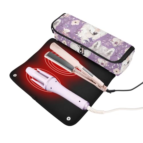 Organizador de herramientas para cabello y tapete resistente al calor Cute Woves morado 2 en 1 con estuche con cremallera impermeable para planchas y rizadores, accesorio de viaje miniatura 2
