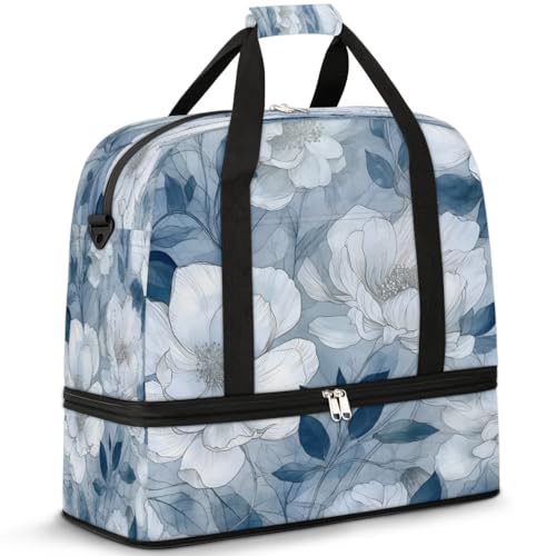 Monochrome Floral Elegance Travel Duffel Bag, Travel Essentials, Gym Bag for Women, Weekender Overnight Bag With Shoes Compartment, Carry On Bags for Airplanes