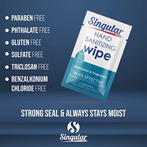 Hand Sanitizing Wipes Travel Size by Singular Wipes – 100ct Individually Wrapped | Fresh Citrus Scent, Moisturizing, 70% Alcohol Wipes | Travel, Office, School, Home | Made in USA
