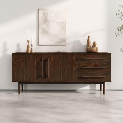 IDIMEX Buffet TECCA L 170 cm 2 Portes 3 Tiroirs en Bois Massif Coloris Noyer avec Étagères Réglables, Deux Compartiments Vaisselier Bahut en Bois