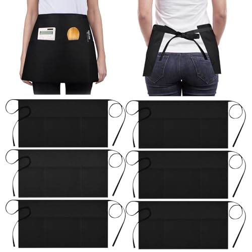 BORDEAG 6 Pièces Tablier de Taille, Tablier Taille Noir avec 3 Poches, Courts Cuisine Tabliers pour Hommes Femmes, Demi Tablier de Cuisine, Imperméable Chef Tabliers...