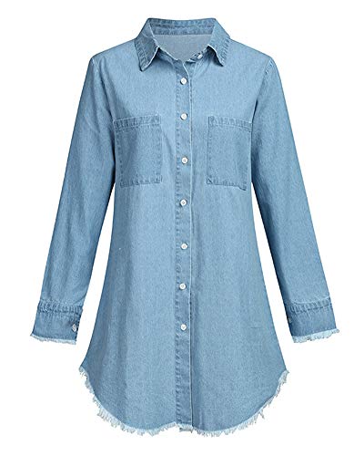 Kedera Women's Denim Shirt Dresses Long Sleeve Distressed Jean Blouse Button Down Casual Tunic Top Blue