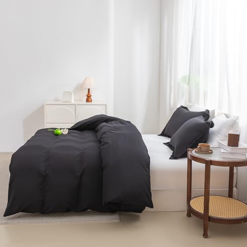 Image of SheRest Black Duvet Cover Full Size - Soft Brushed Microfiber, 3 Pieces, 1 Duvet Cover 80x90 Inches with Zipper Closure 8 Ties & 2 Pillow Shams, Breathable Bedding Set for All Season (No Comforter)