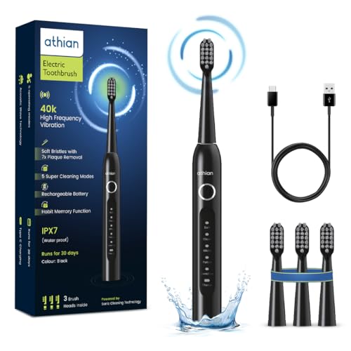 Image of athian Luxe Series UltraSonic Whitening Toothbrush with 2 Brush Heads 40,000 VPM Electric Motor & Rechargeable battery - 5 Super Brushing Modes & Smart timer (Adult Toothbrush - 2 Brush Heads) (Blue)