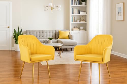 Image of Velvet Accent Chair | Luxury Upholstered Armchair with Sturdy Metal Legs | Modern Comfortable Chair for Living Room, Bedroom, Office, or Cafe (Golden Legs, Yellow Set of 2)