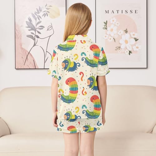 ALAZA Cartoon Caterpill Polka Dot Satin Pajamas Set Short Sleeve Button Down Sleepwear Summer Pjs 2 Piece4