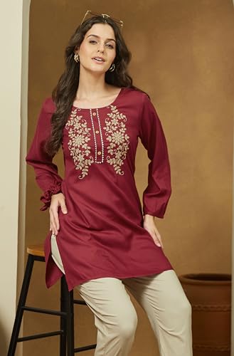 Image of Janasya Women's Maroon Rayon Embroidered Straight Short Kurti