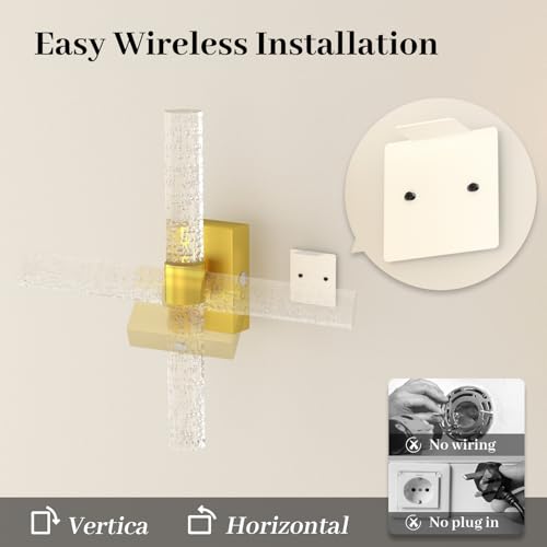 Image of LED Crystal Battery Operated Wall Sconce Set of 2, Gold Rechargeable Battery Powered Wall Lights with Remote, 3 Color Dimmable Wall Lamp for Living Room Bathroom Hallway