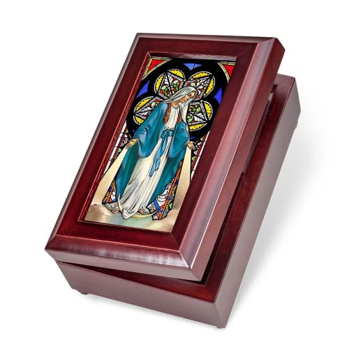 Needzo Our Lady of Grace Stained Glass Mahogany Wooden Musical Jewelry Box for Women, Music Box for Mom, Christian Decorations for Home, Girls Bedroom Decor Accessories