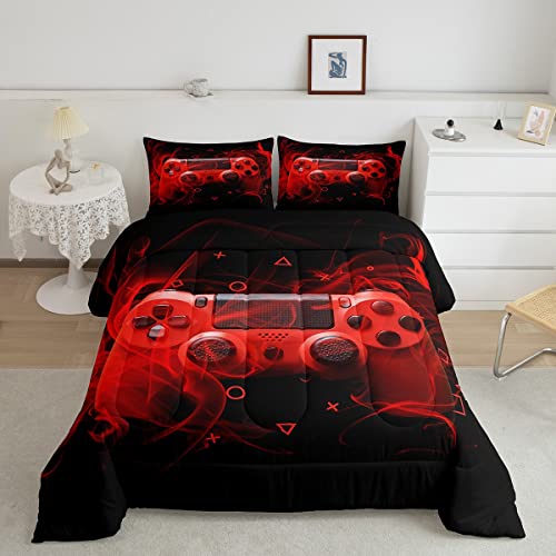 Feelyou Kids Gamepad Comforter Set Twin Size Gamer Bedroom Decor for Boys Girls Teens Video Game Controller Bedding Set Youth Gaming Console Comforter Red Black Geometry with 1 Pillow Case