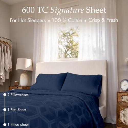 Image of Threadmill 100% Cotton Sheets for Full Size Bed - 600 Thread Count Full Bed Sheets Set with 16 inch Deep Pocket - Jacquard Sateen Weave 4-Piece Bedding Set with Cooling Effect, Folkstone Blue