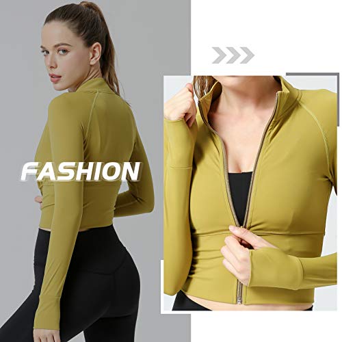 Women's Cropped Workout Jacket Front Zip Stretchy Fitted Long Sleeve Crop Top Activewear3