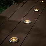Lights4fun Lot de 4 spots solaires encastrables pour terrasse - Fonctionne à l'énergie solaire - Blanc chaud - LED printemps et été - Décoration pour extérieur, balcon, jardin - Argenté - H 2,1 cm x Ø