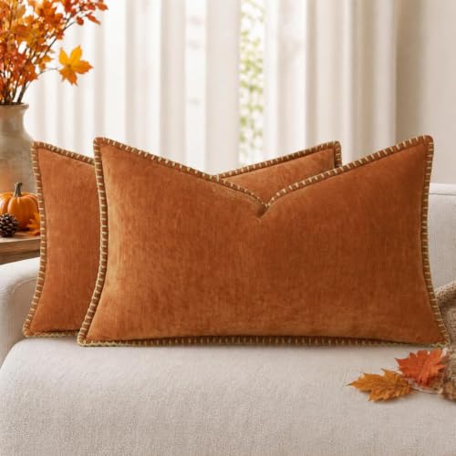 Image of decorUhome Soft Chenille Throw Pillow Covers 12x20 Set of 2 Light Rust