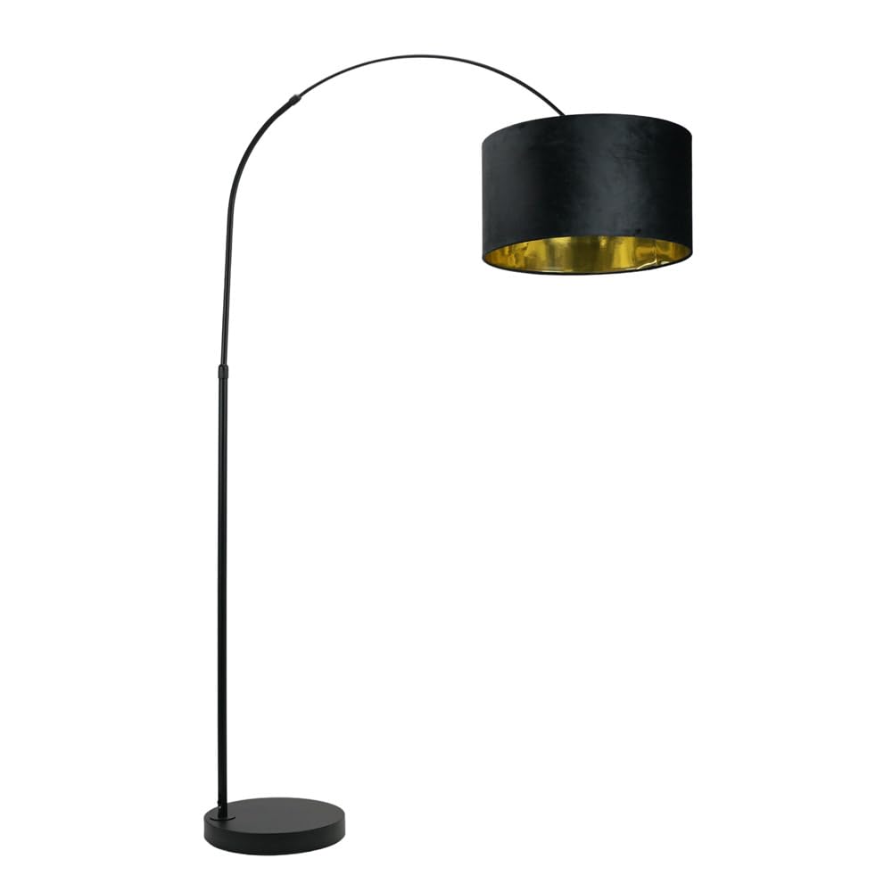 ValueLights Louis Black Arched Floor Lamp with Velvet Drum Metallic Gold Inner Shade & Bulb