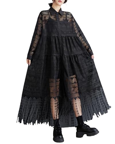 ellazhu Women's Dress Loose Oversize Casual Yarn-fabricated Holiday Maxi Black Lace Solid GZ337 A