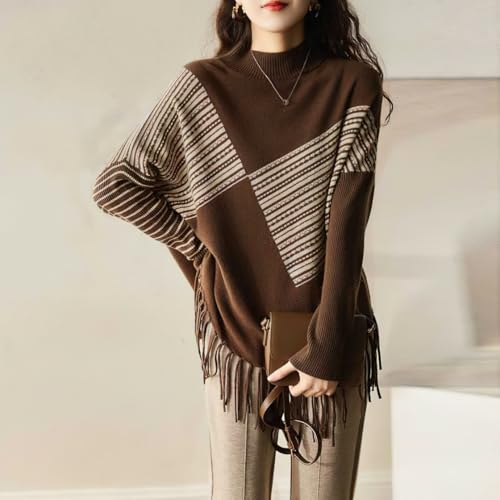 chouyatou Women's Floral Striped Printed Sweater Color Block Rib Knit Tassel Fringe Pullover Sweater4