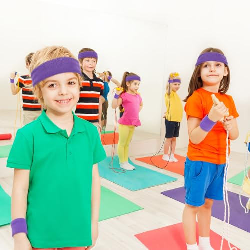 Image of Bememo 36 Pcs Neon Sweatbands Set for Kids 12 Headbands 24 Wristbands Bulk Sports Sweat Bands Athletic for Children Basketball Tennis Running Gym Student Gifts Glow Party