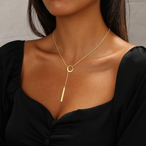 Long Gold Necklace for Women Trendy, Dainty Layered Lariat Necklace 14k Gold Plated Silver Y Shaped Beaded Chain Non Tarnish Drop Necklaces Simple Adjustable Jewelry Gift4