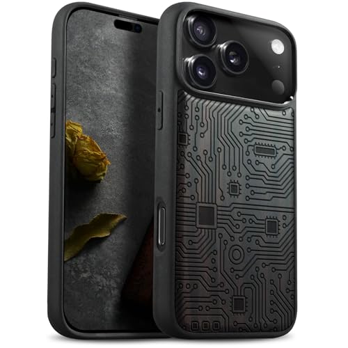 Carveit Magnetic Wooden Case for iPhone 17 Pro Case, Wood Artisan Engraved & Black Soft TPU Shockproof Cover, Compatible with MagSafe Wireless Chargers (Abstract Motherboard Linework Art) Blackwood