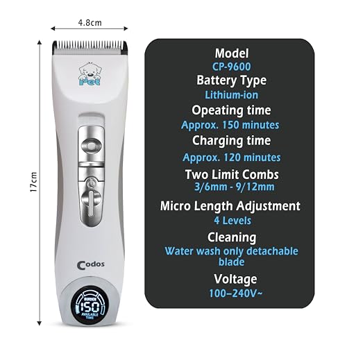 Image of GLUCKLICH Unisex Codos CP-9600 Professional Dog Hair Trimmer Low Noise Rechargeable Cordless Electric Quiet Waterproof Hair Clippers Set for Dogs Cats & Other Pets, White