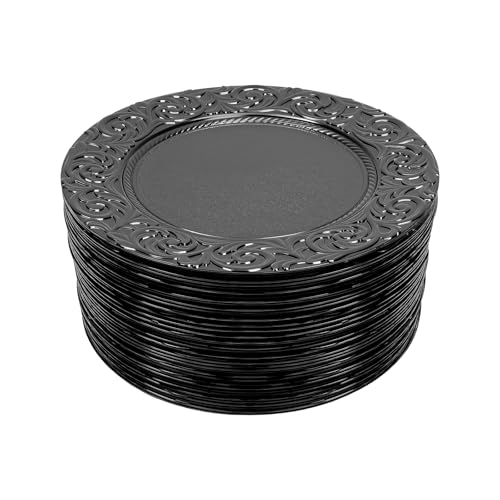 100 platos recargables redondos de plástico negro de 13 in