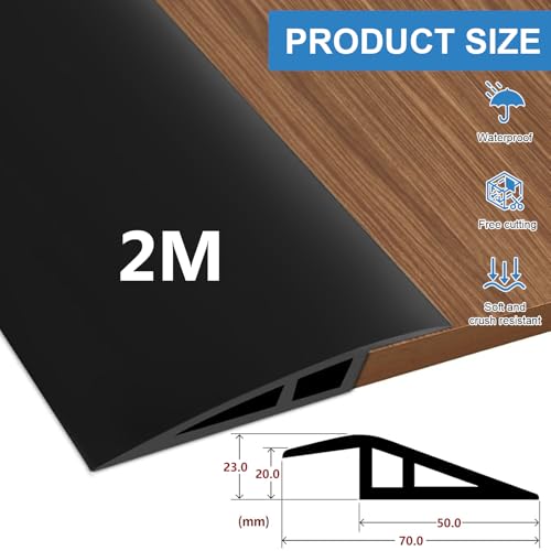 Hengrongshen PVC Türschwellen Leiste, 2M * 7CM Übergangsprofil Selbstklebend, Übergangsleiste Boden Höhenausgleich Abdeckleiste für Parkettböden Laminate Schwellen (Schwarz, für 15mm bis 20mm)