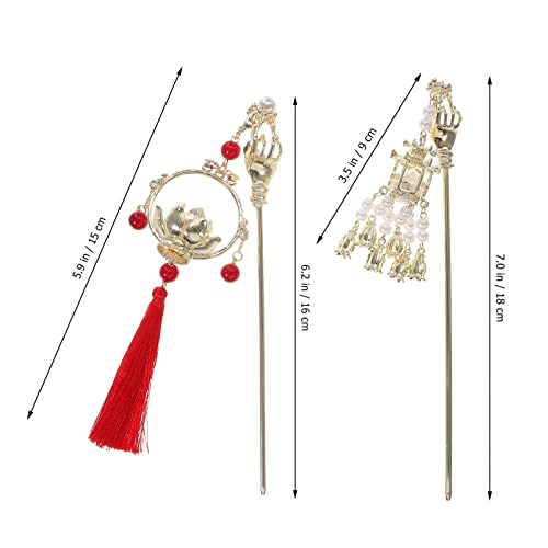 2 Pcs Vintage Hairpin Hair Clips Chinese Flower Tassel Headpieces For Women Girls, Ponytail Updo Bun For Thin Thick Hair