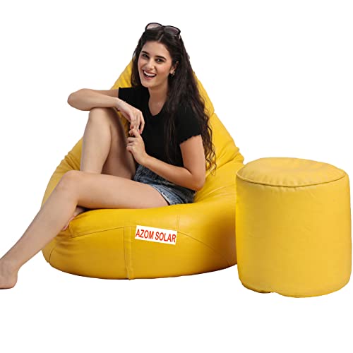 Image of Bean Bag Chair with Footstool Filled with Beans Filler, Faux Leather, Ready to Use, XXXL (Yellow)